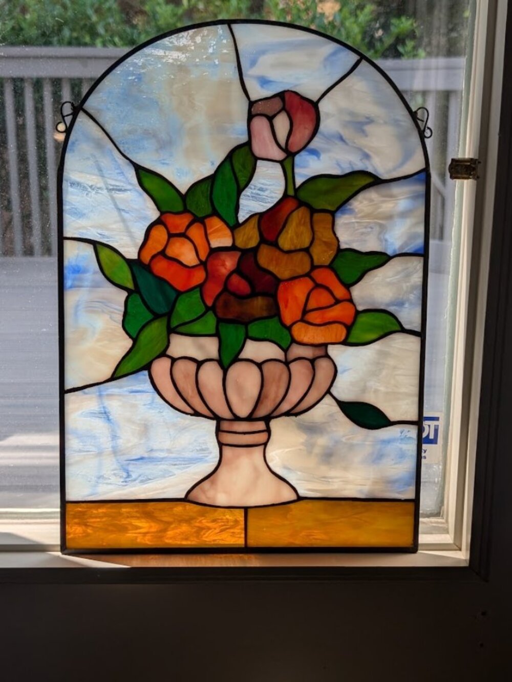 Handmade Victorian Large Stained Glass Flowers Urn Sun Catcher Panel 16x11"